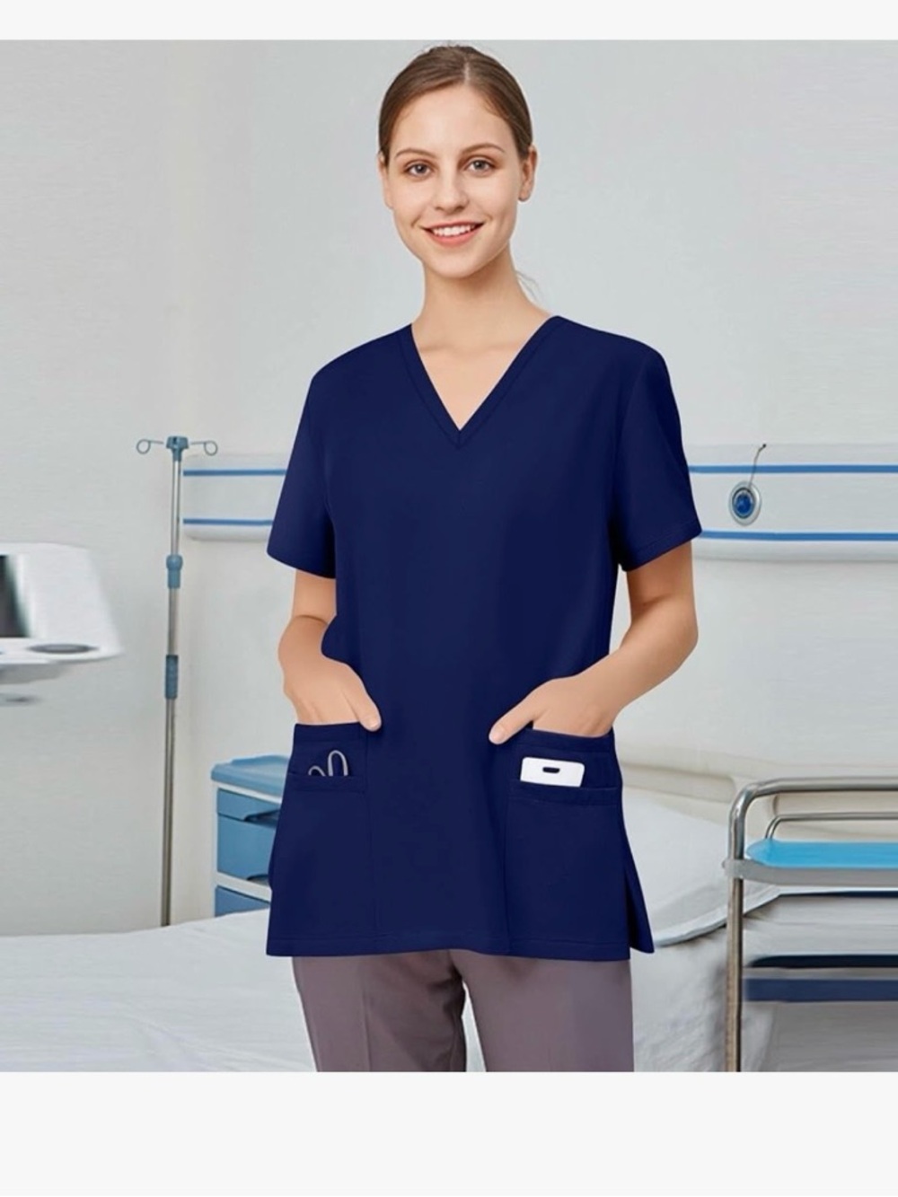Navy V-Neck Medical Scrub Top with Pockets